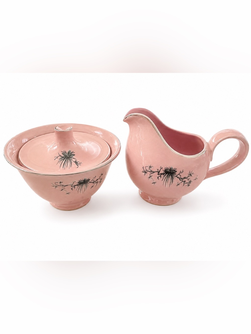 Vintage 1956 Taylor Smith & Taylor Dwarf Pine Pink Creamer Sugar Bowl Set MCM
